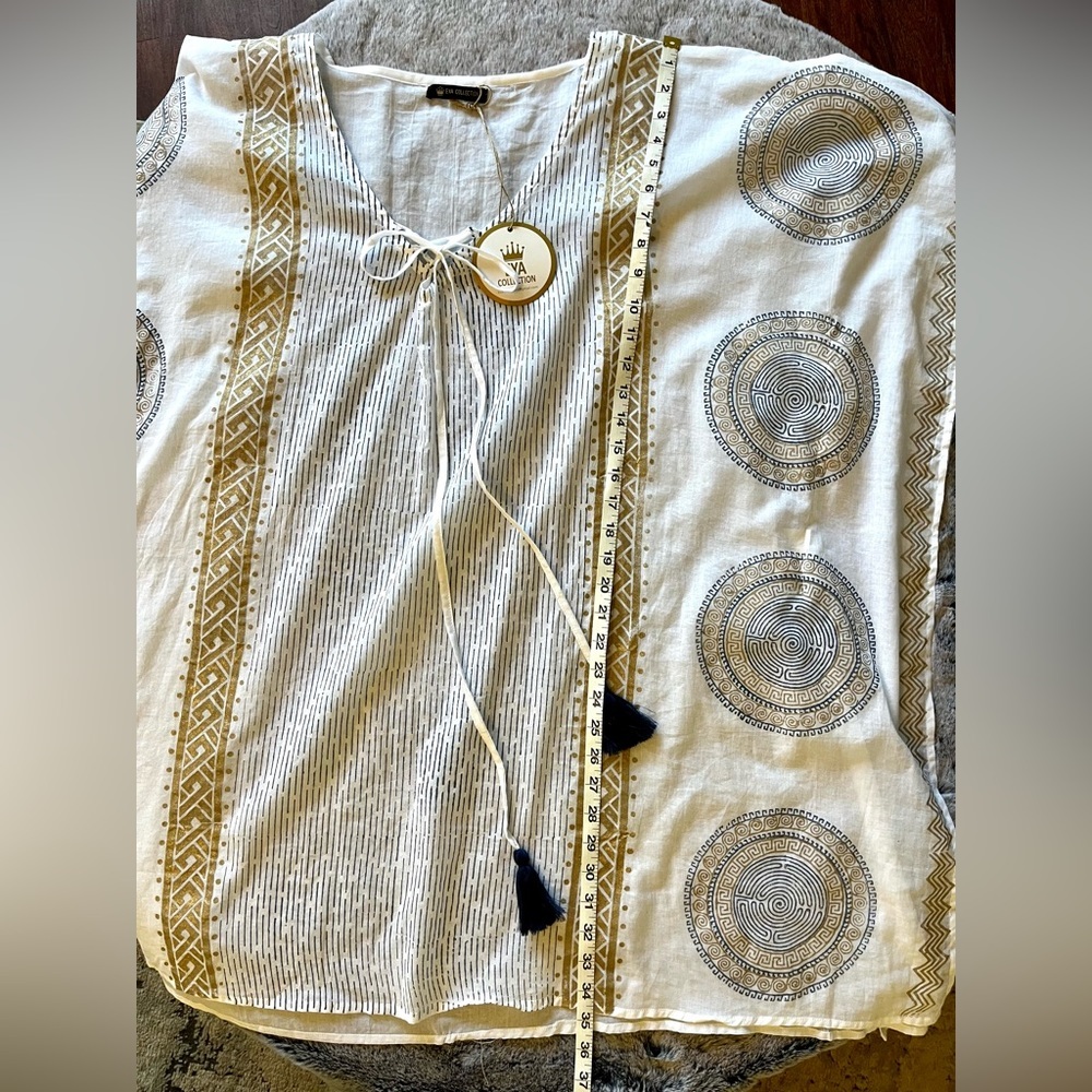 NWT Eya Collection White Tunic Gauzy Coverup, Gold & Blue Mediterranean Print - Picture 10 of 13